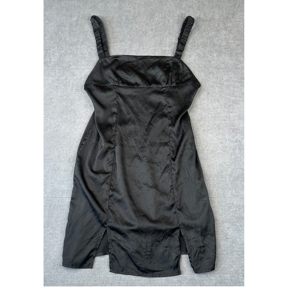 Y2K Black Satin Mini Dress Silk Maison Ruched Straps Front Slit Size S
